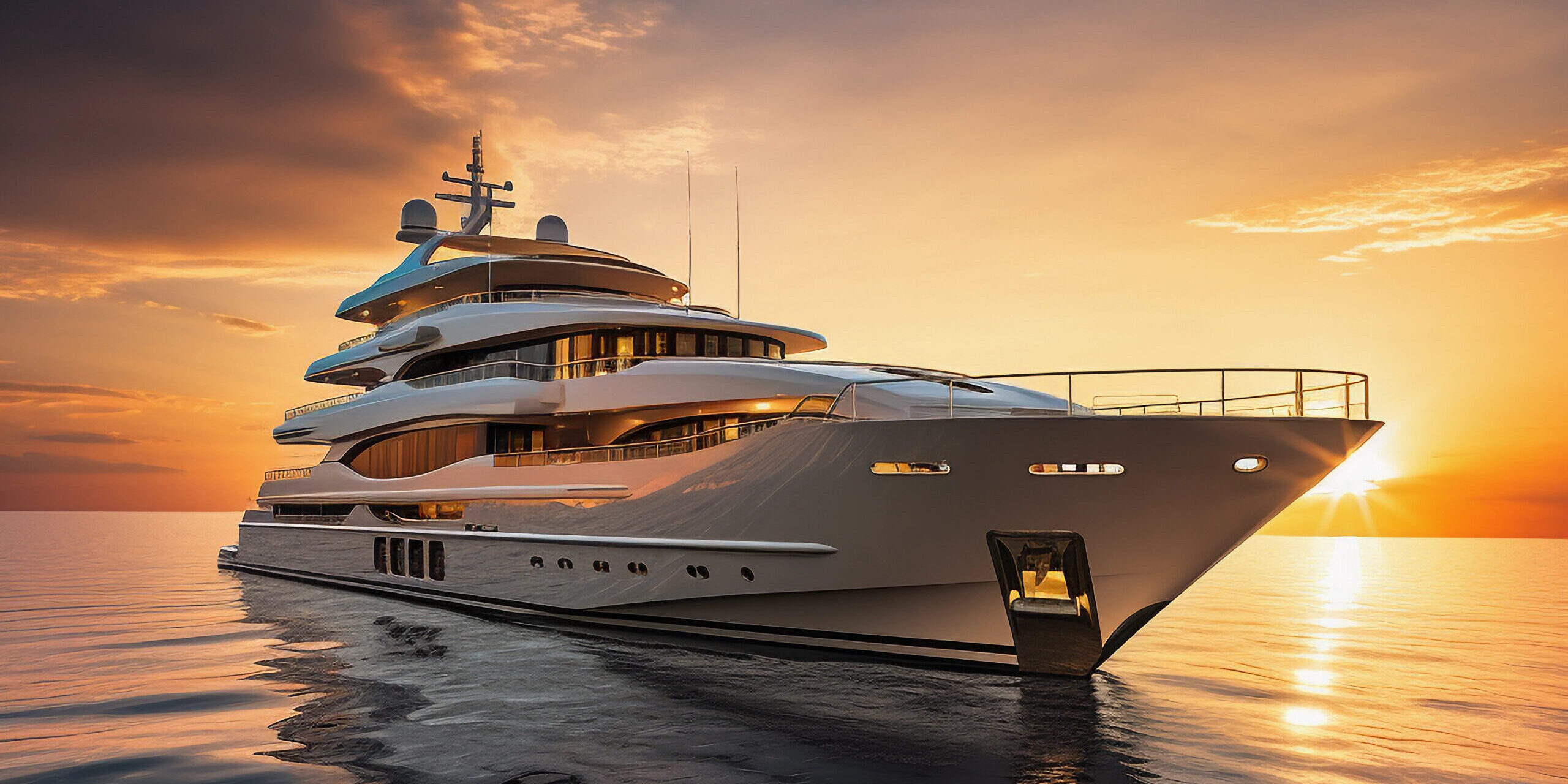 Luxury yacht docked at sunset, golden skylight, calm ocean, exclusive seafaring lifestyle, moored in harbor, tranquil marine scene, opulence